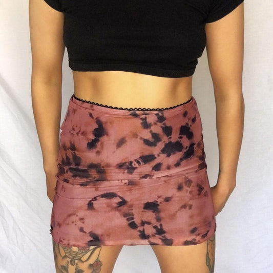 Burnt Pink Tie Dye High Waisted Mesh Mini Skirt
