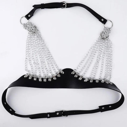 Black Faux Leather Studded Chain Front Body Harness