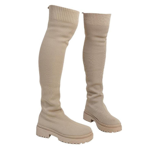 Cream Over Knee Chunky Sock Boots