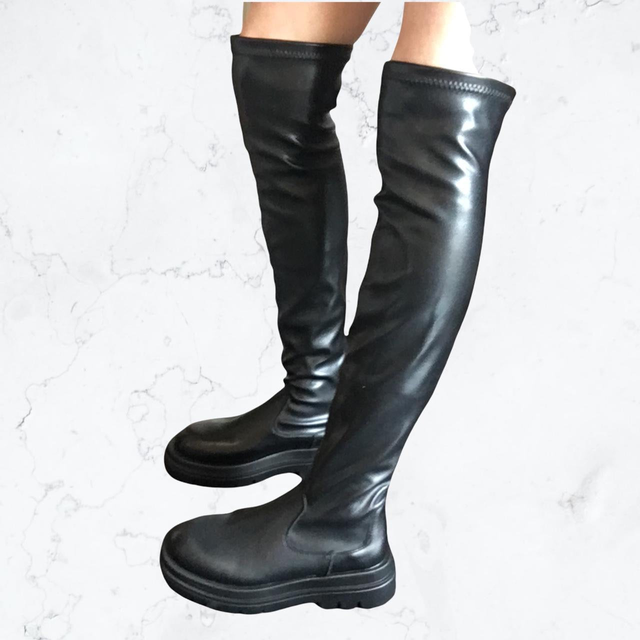 Black Faux Leather Over Knee Chunky Boots