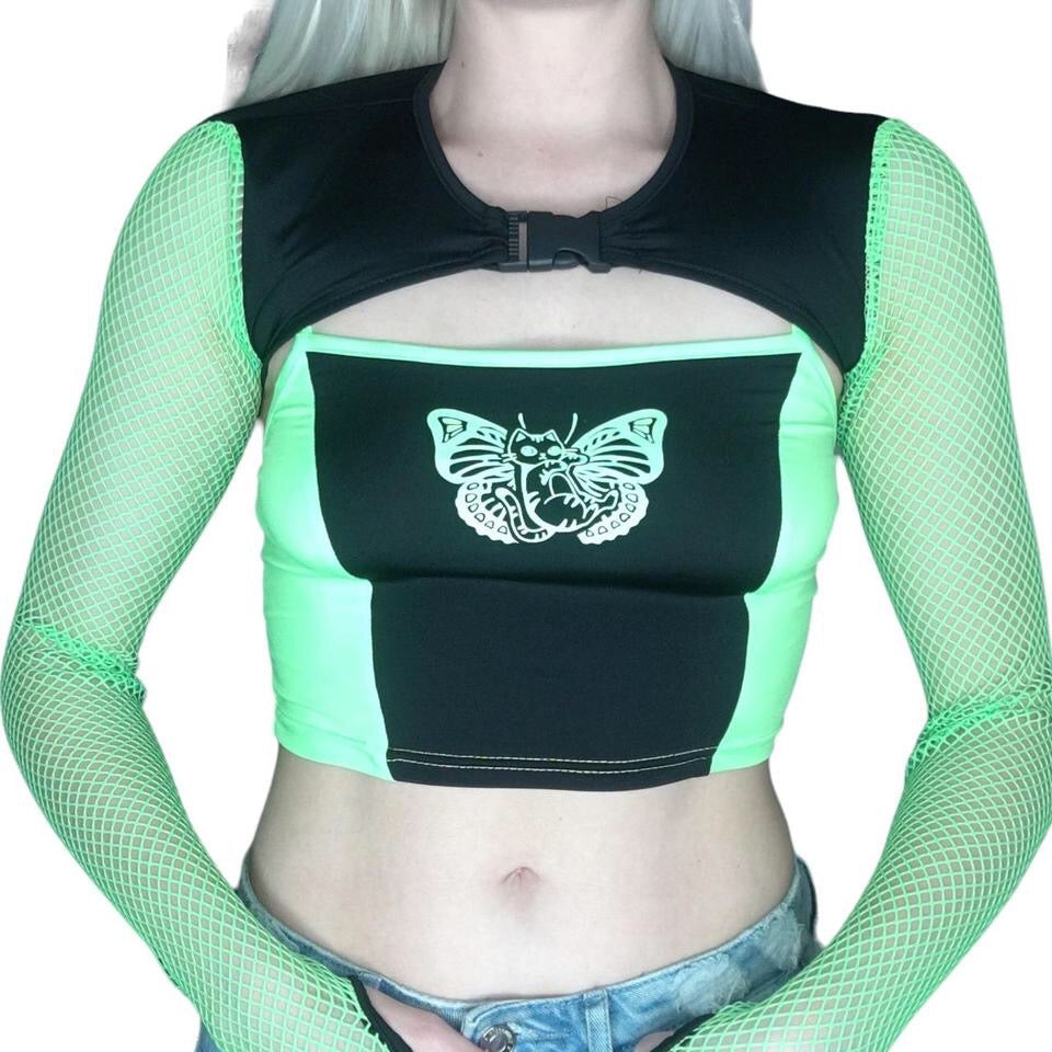 Neon Green 2 Piece Butterfly Mesh Crop Top Set