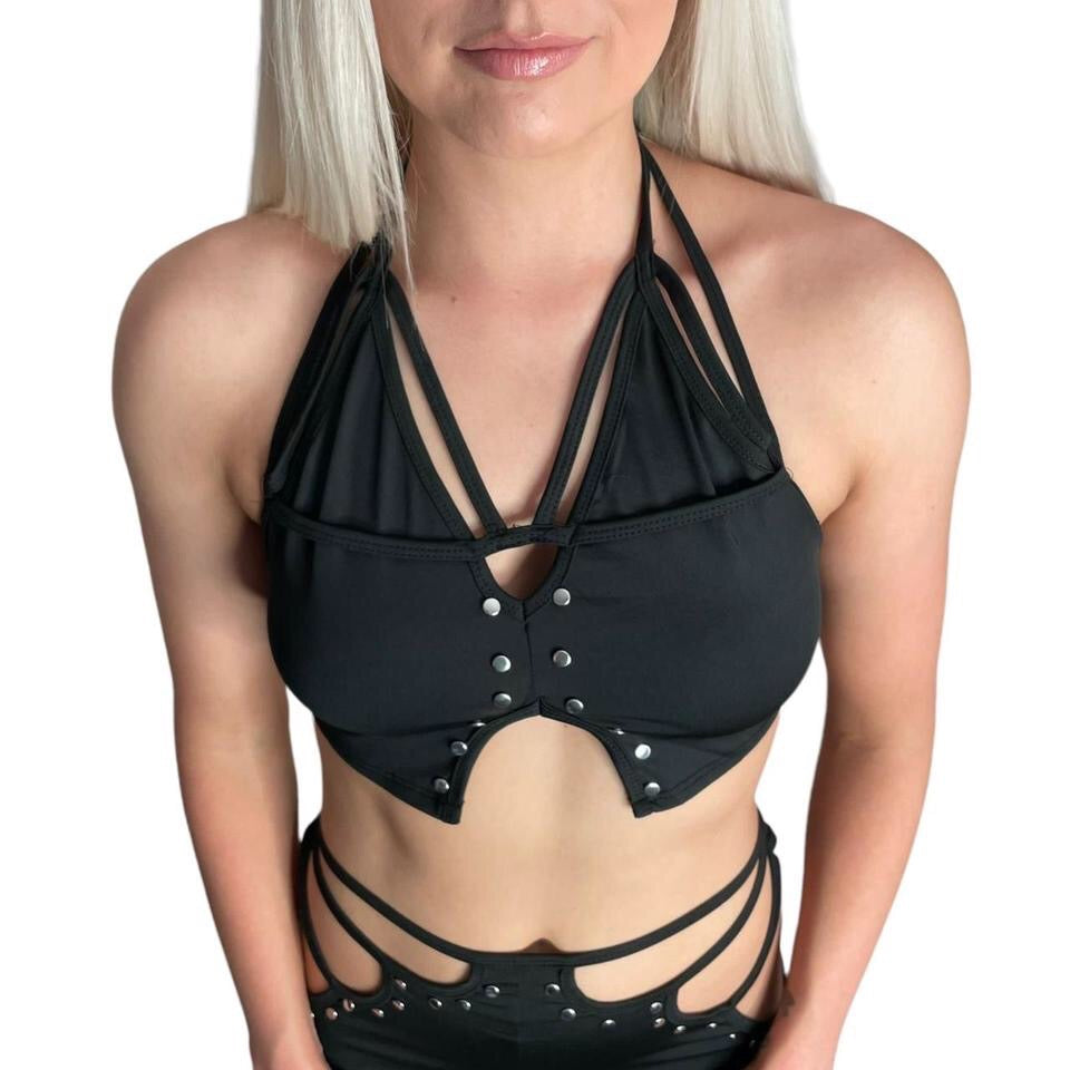 Black Cut Out Festival Flares and Crop Top Studded Set