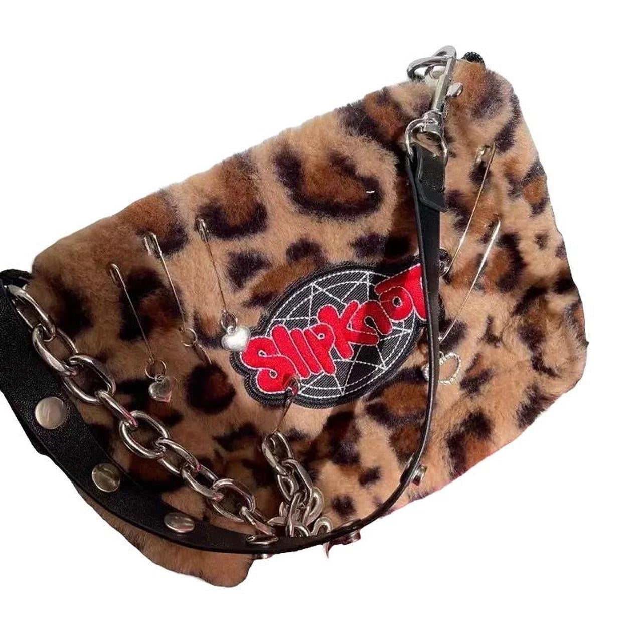 Brown Leopard Print Plush Punk Chain Shoulder Bag