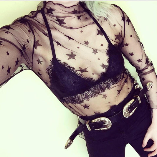 Black Star Print Mesh Long Sleeve Top