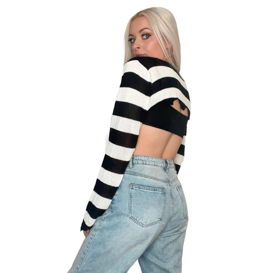 White and Black Striped Distressed Cropped Safety Pin Jumper