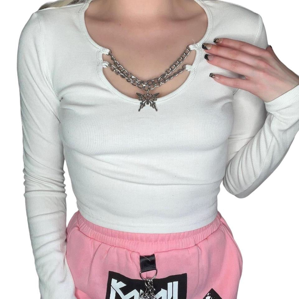 White Chain Butterfly Long Sleeve Crop Top