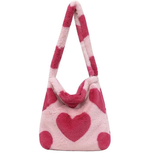 Pink Fluffy Heart Print Shoulder Bag