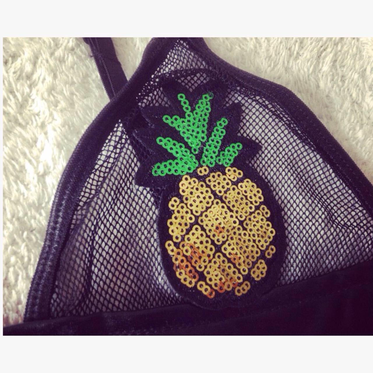 Pineapple Sequin Patch Mesh Faux Leather Bra