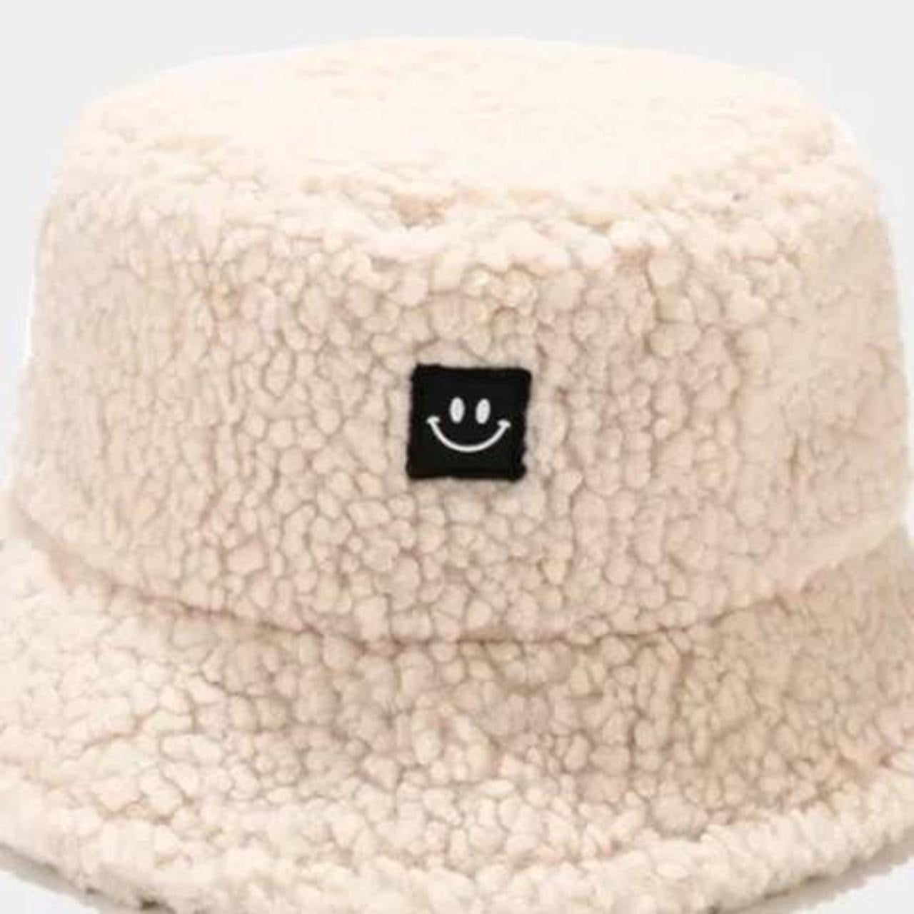 Cream Fuzzy Smiley Face Bucket Hat