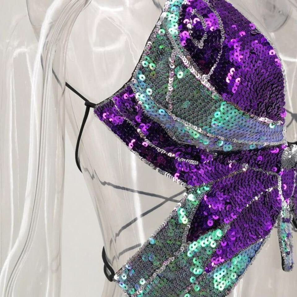 Purple Sequin Butterfly Backless Crop Top