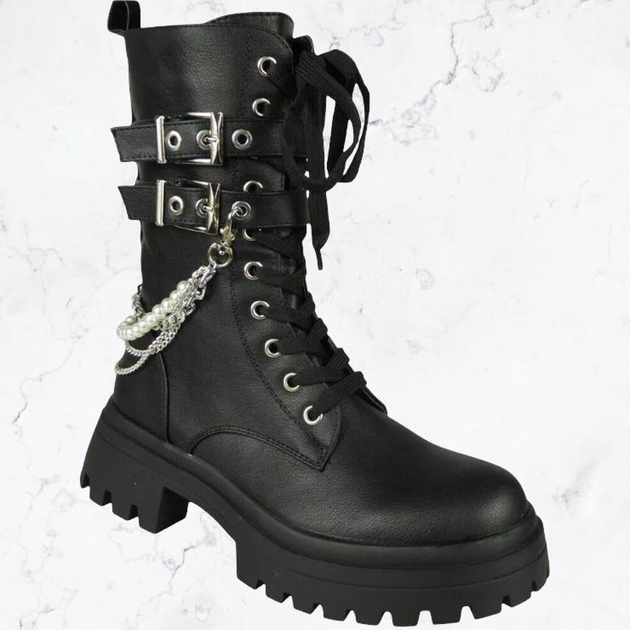 Black Faux Leather Pearl Chain Combat Boots