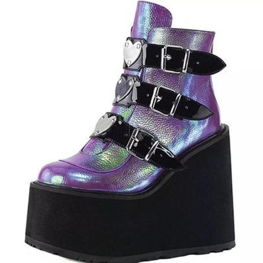 Purple Metallic Faux Leather Punk Platform Boots