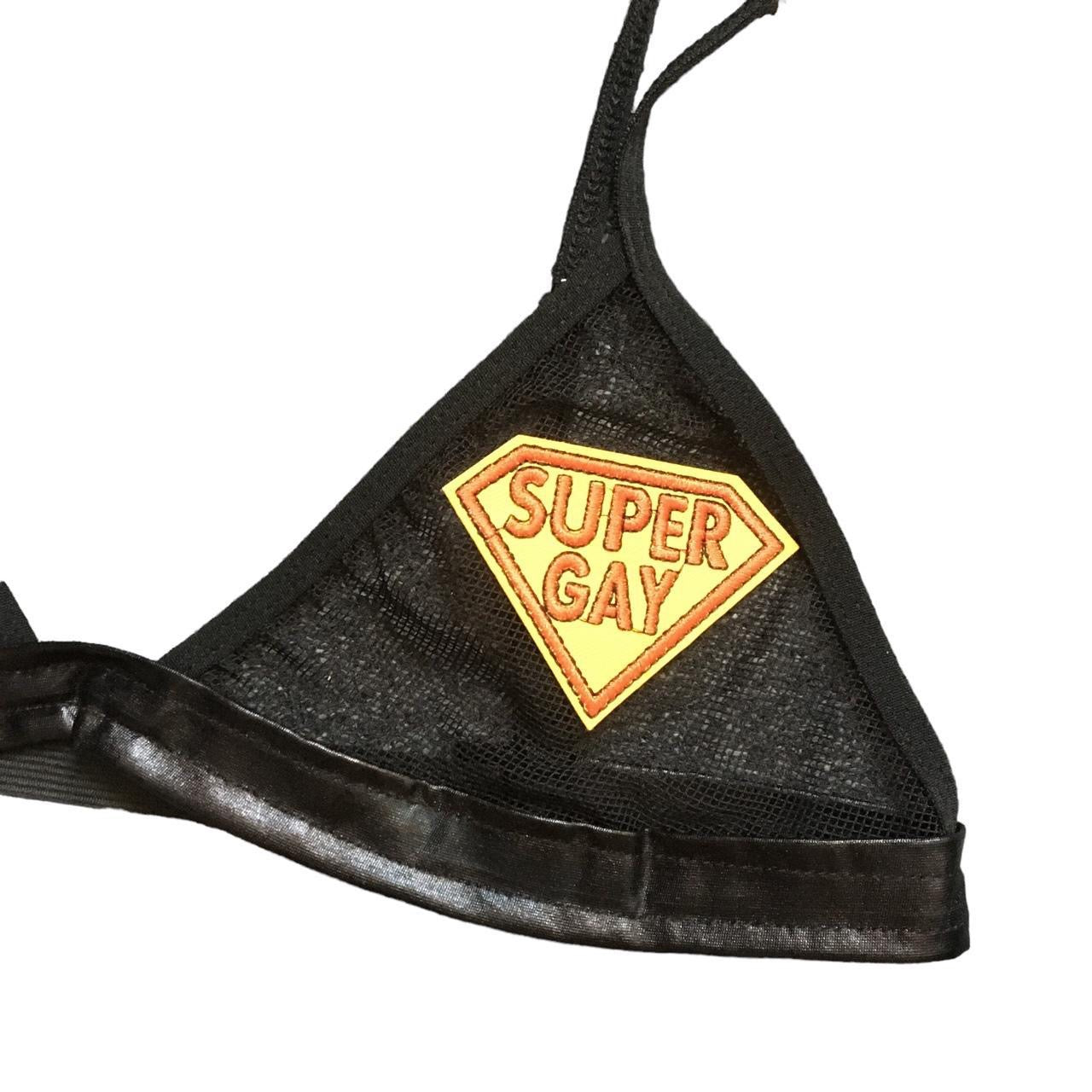 Super Gay Patch Faux Leather Mesh Patch Bra