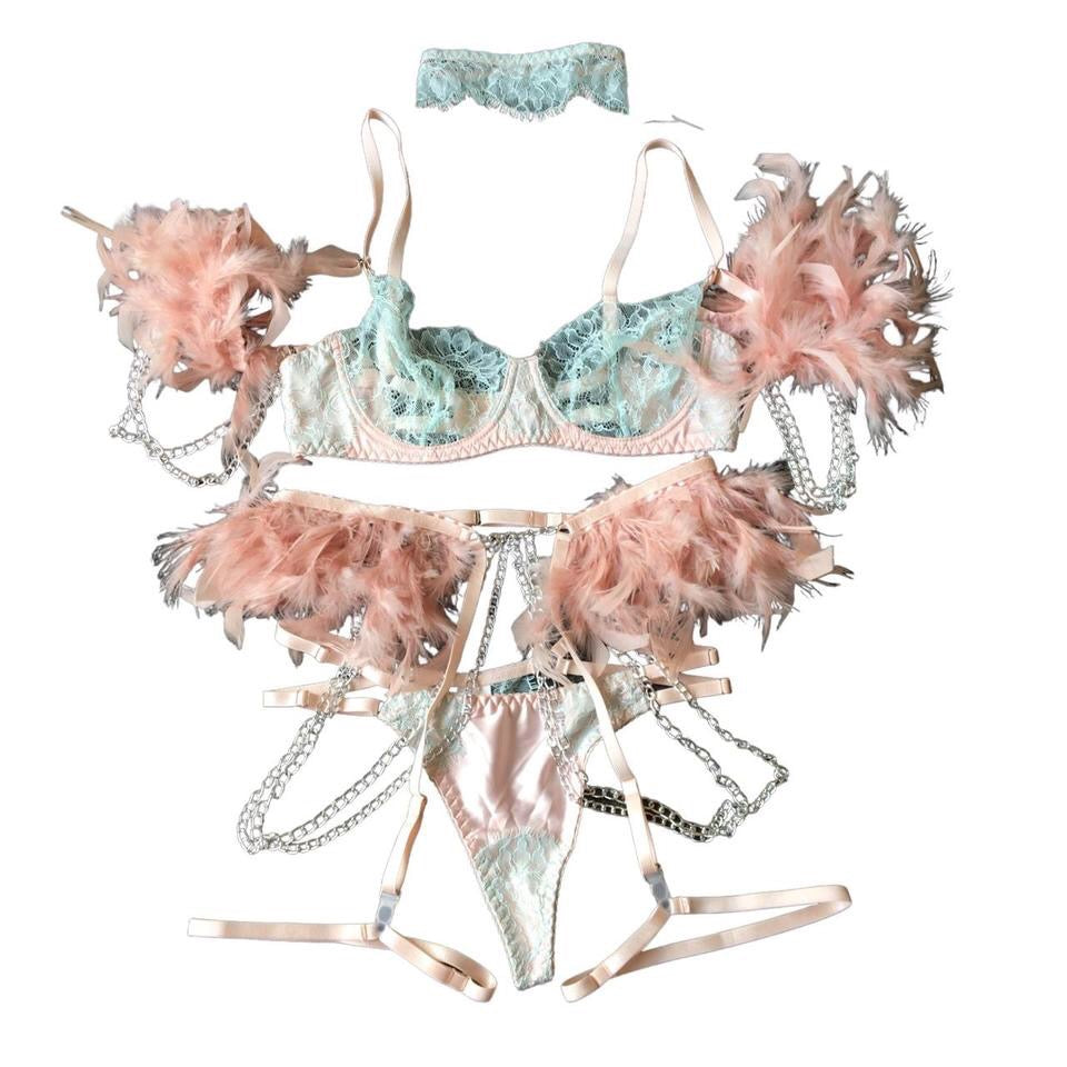 Feather and Chain 4 Piece Lingerie Set