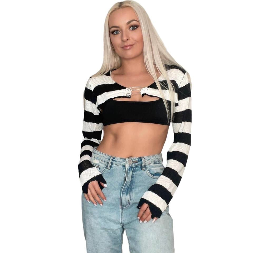 White and Black Striped Distressed Cropped Safety Pin Jumper