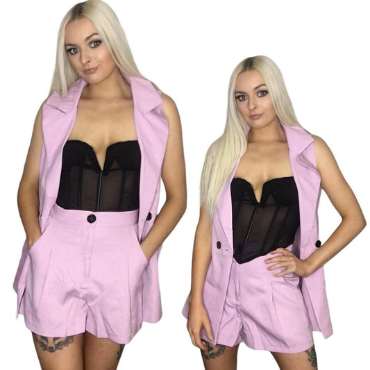 Purple Sleeveless Blazer Shorts Suit Co-ord Set