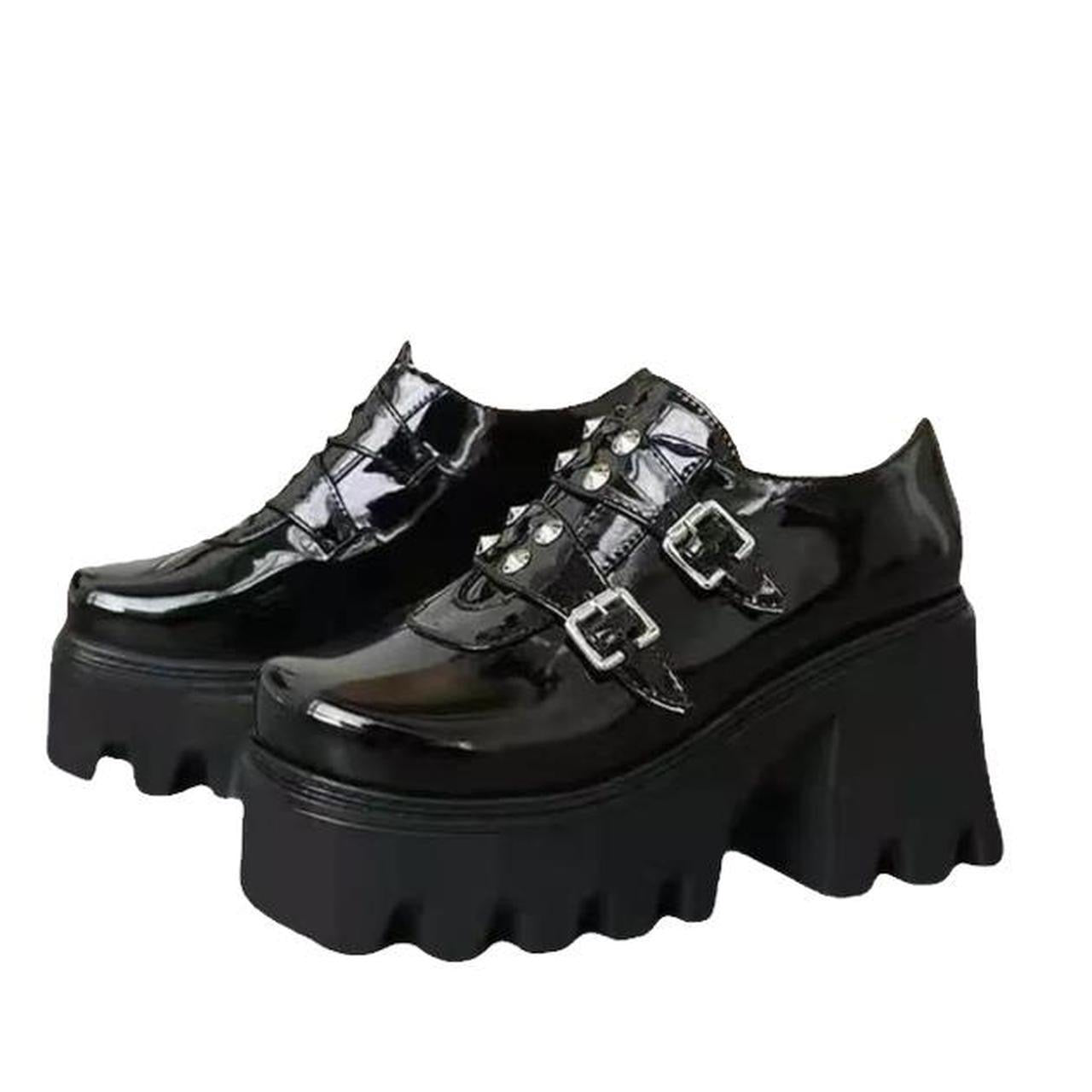 Black Patent Faux Leather Punk Chunky Heels