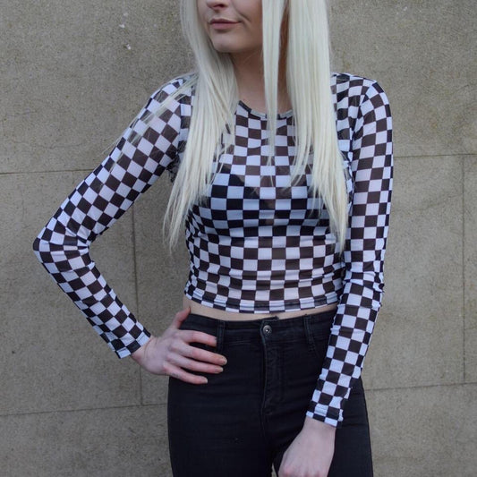 Black and White Checkerboard Mesh Crop Top