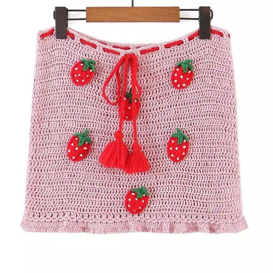 Pink Strawberry Crochet Knitted Mini Skirt
