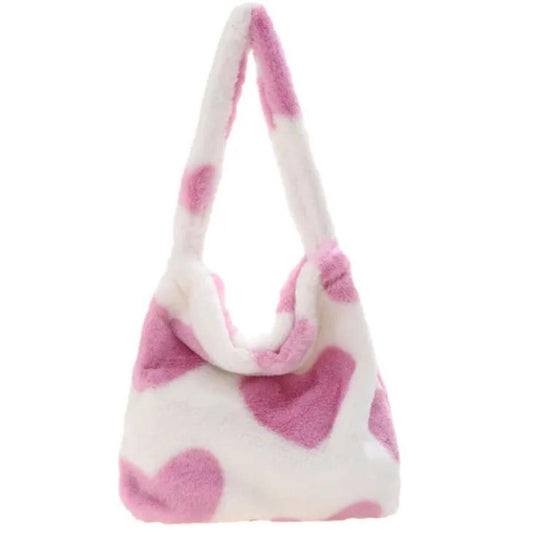 White Fluffy Pink Heart Print Shoulder Bag