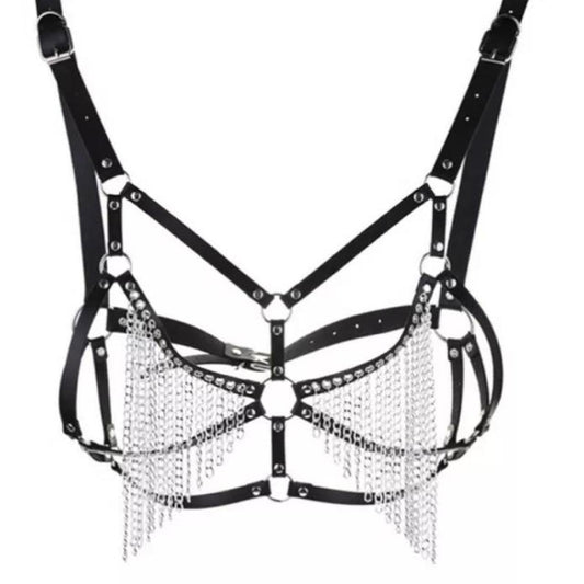 Black Faux Leather Silver Chain Tassel Body Harness