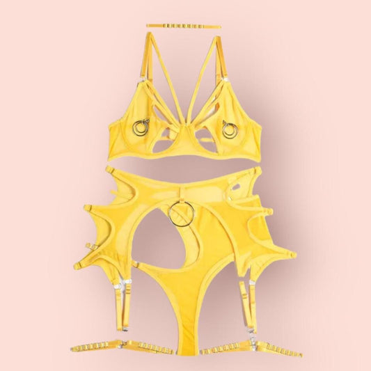 Yellow Mesh 4 Piece O ring Lingerie Garter Set