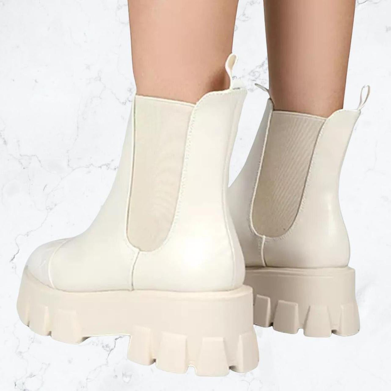 Cream Chunky Faux Leather Chelsea Boots