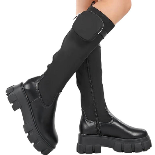Black Knee High Sock Purse Chunky Boots
