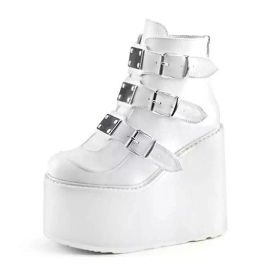 White Punk Faux Leather Buckle Platform Ankle Boots