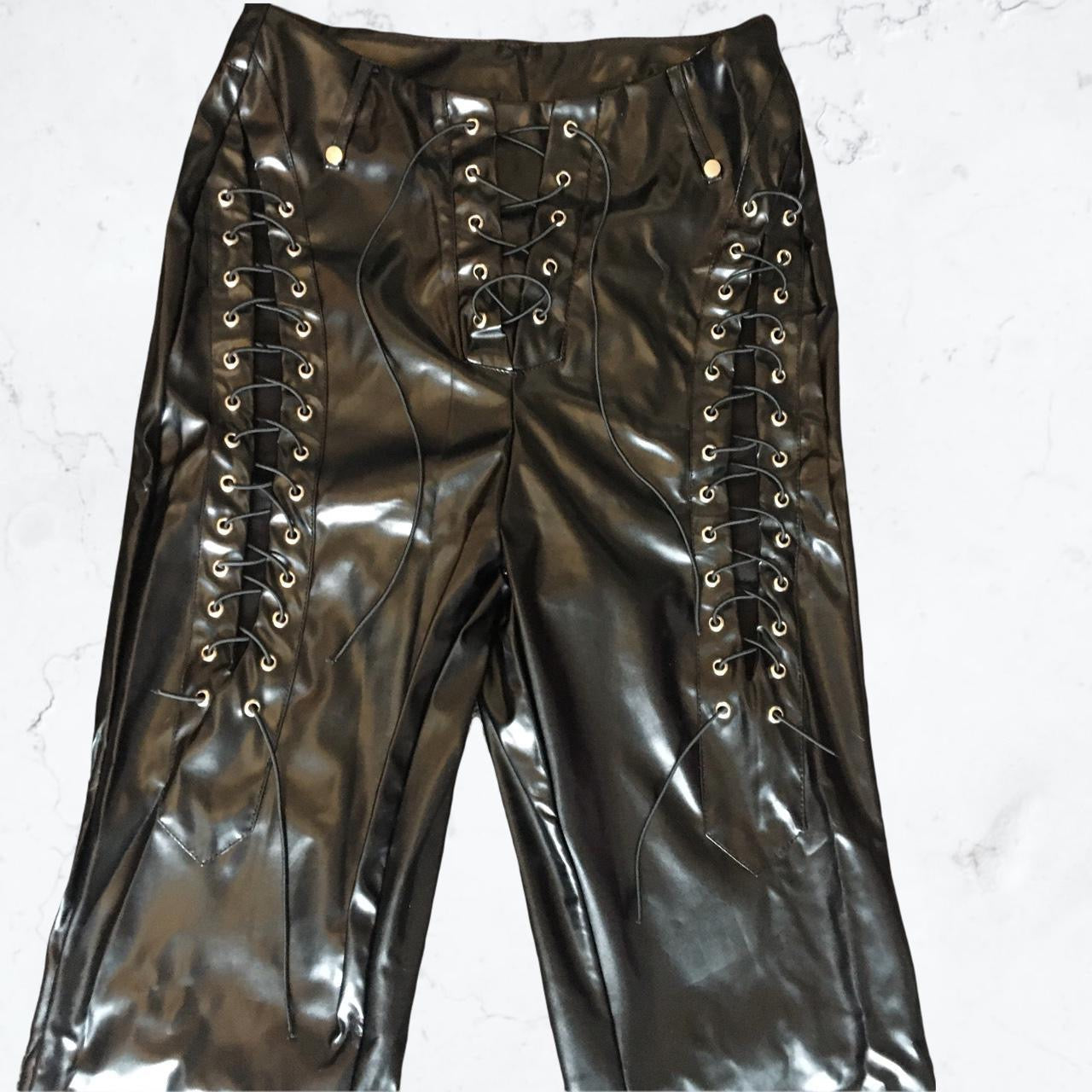 Black Faux Leather Lace Up Straight Leg Trousers
