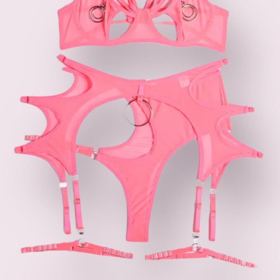 Pink Mesh O Ring Garter Lingerie Set