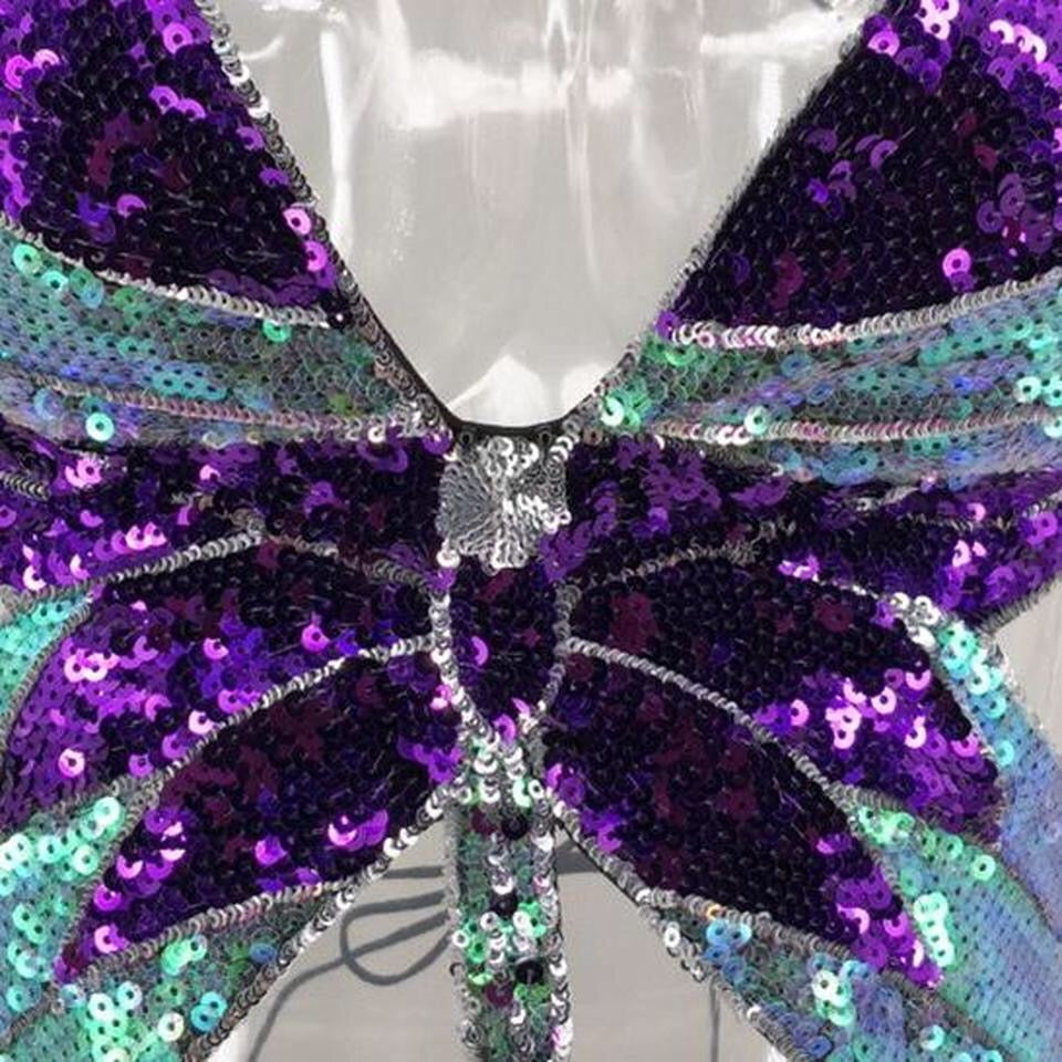 Purple Sequin Butterfly Backless Crop Top