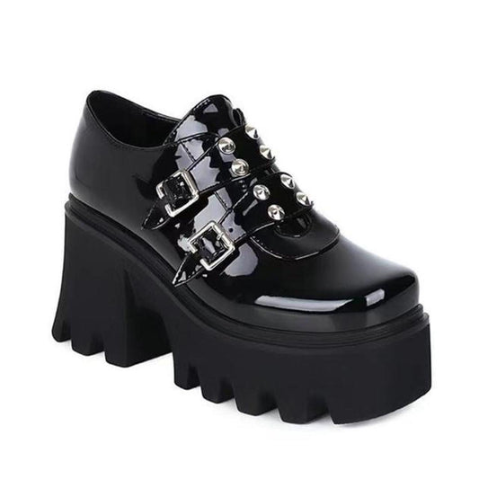 Black Patent Faux Leather Punk Chunky Heels