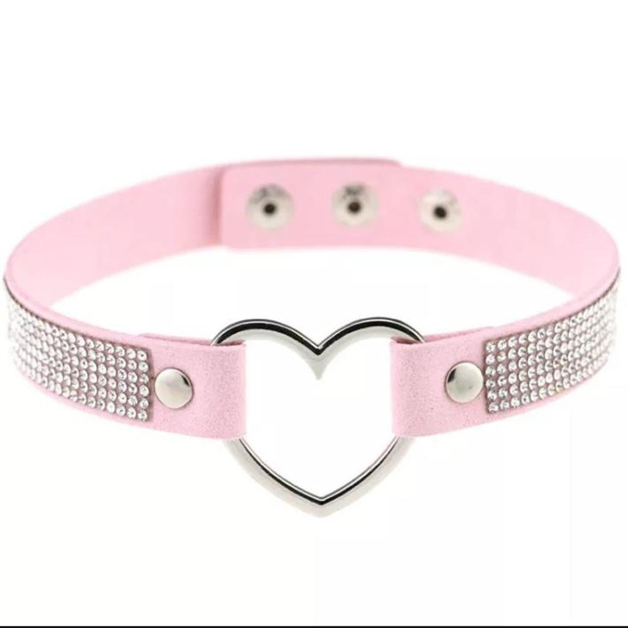 Pink Faux Leather Rhinestone Heart Ring Choker