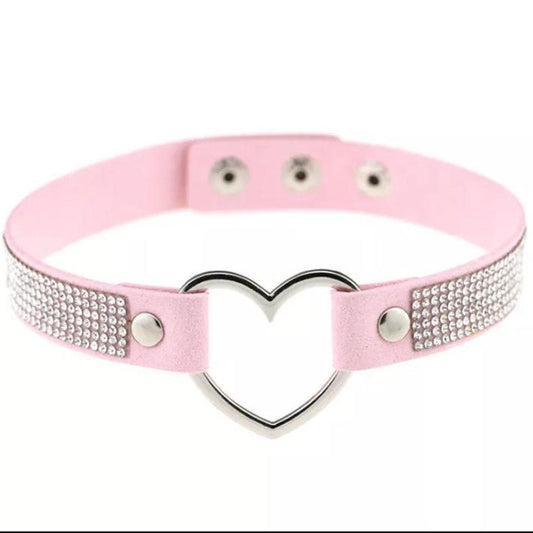 Pink Faux Leather Rhinestone Heart Ring Choker