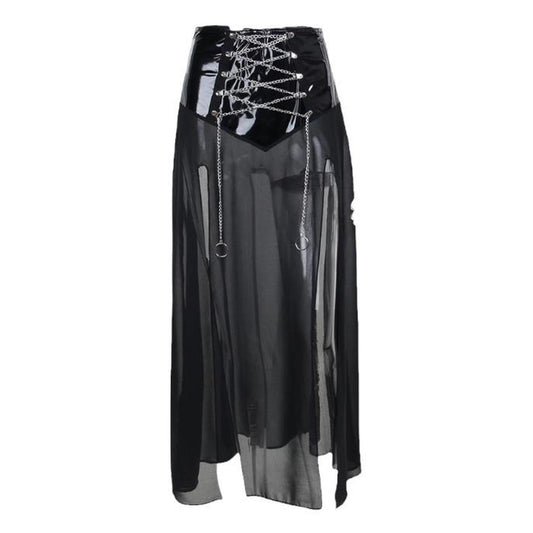 Black Faux Leather Chain Lace Up Mesh Maxi Skirt