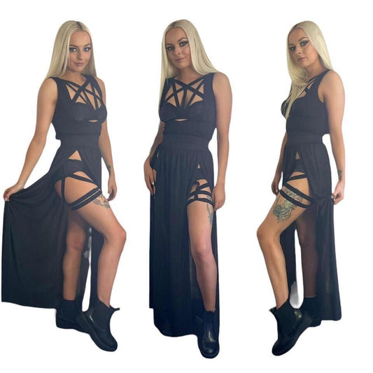 Black Pentagram Harness Gothic Maxi Techno Dress