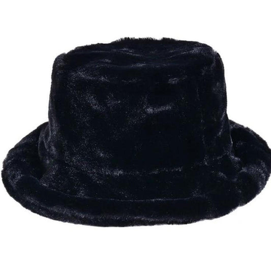 Black Fluffy Faux Fur Bucket Hat