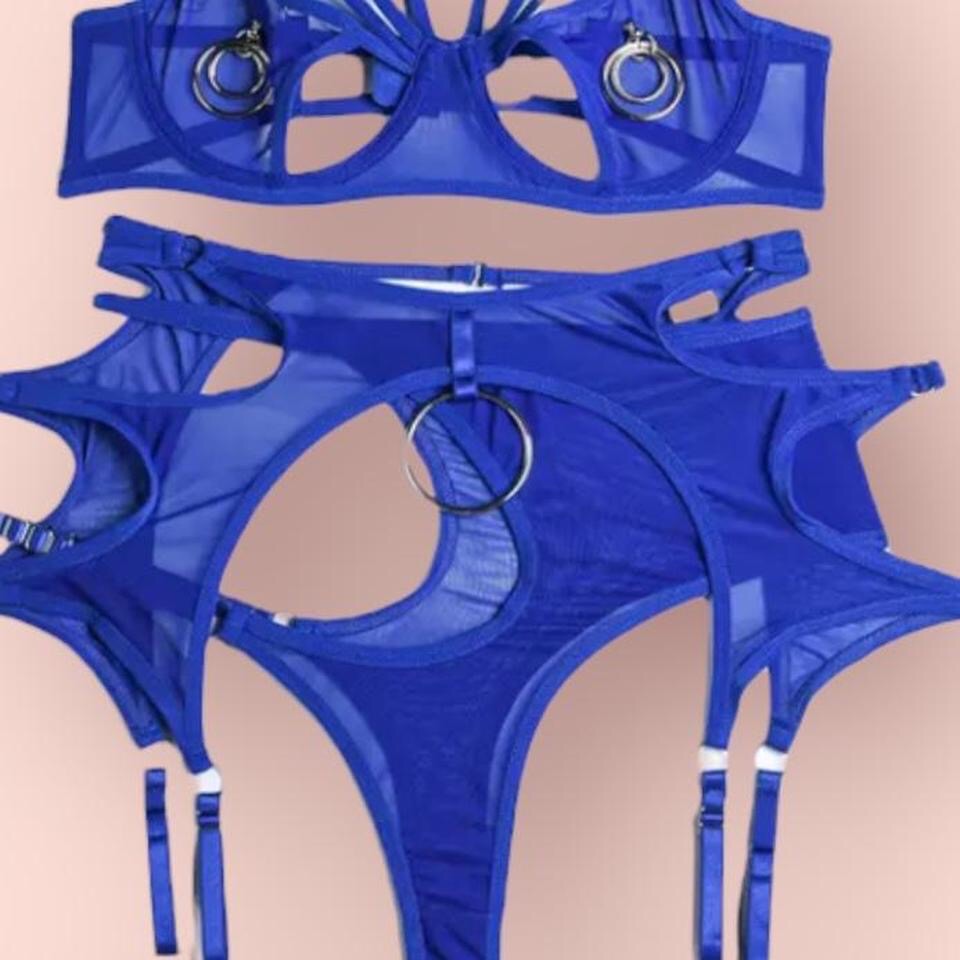 Blue Mesh O Ring Garter Lingerie Set