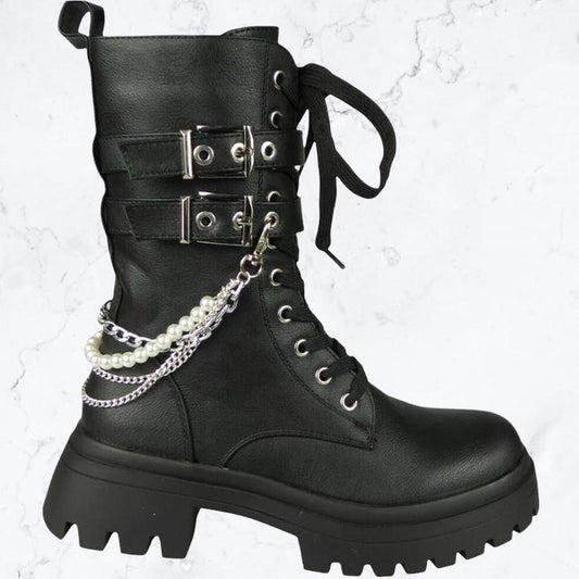 Black Faux Leather Pearl Chain Combat Boots