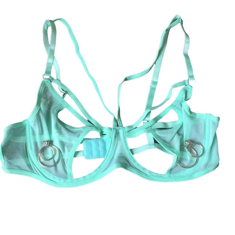 Turquoise Mesh O Ring Garter Lingerie Set