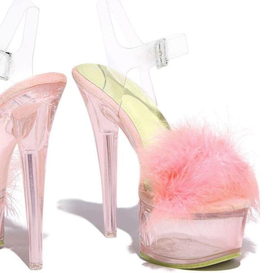 Pink Fluffy Clear Platform Heels