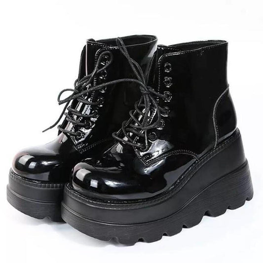 Black Patent Faux Leather Lace Up Platform Boots