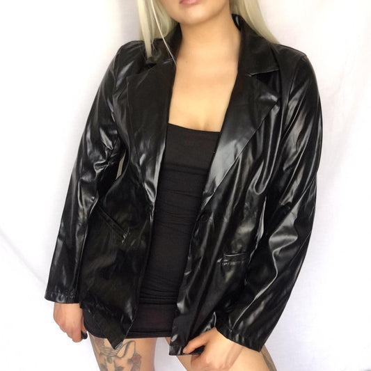 Black Faux Leather Oversized Blazer Jacket