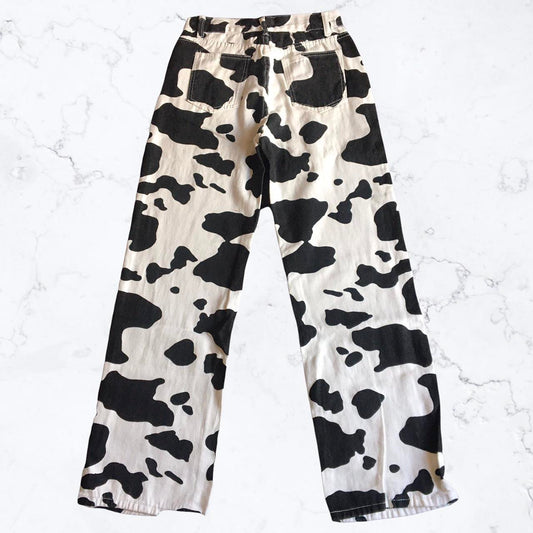 Black and White Cow Print Straight Leg Jeans