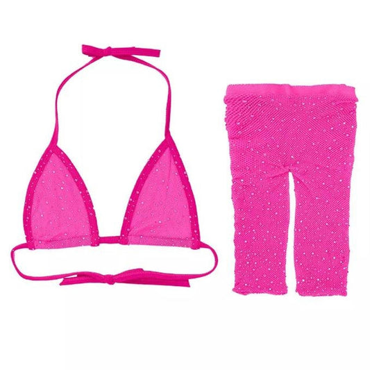 Pink Mesh Rhinestone Shorts Crop Top Co-Ord Set