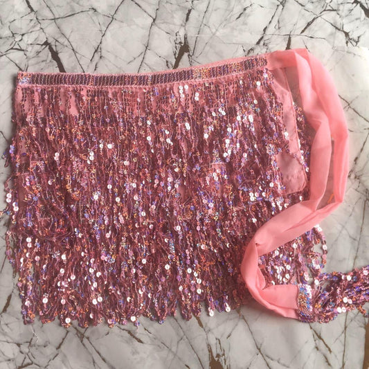 Pastel Pink Sequin Tassel Wrap Mini Skirt