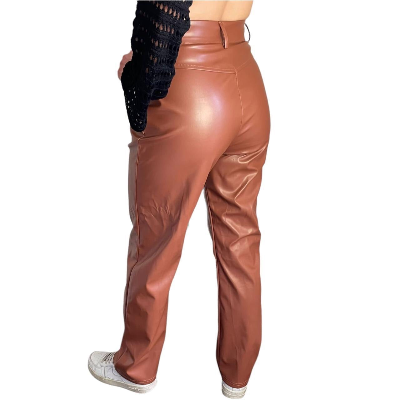 Brown Faux Leather Straight Leg Trousers
