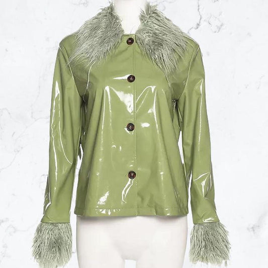 Green PVC Fluffy Faux Leather Jacket