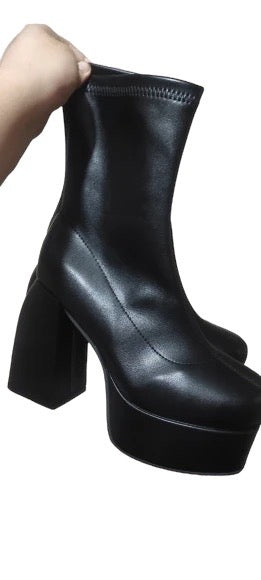 Black Faux Leather Chunky Heel Platform Ankle Boots